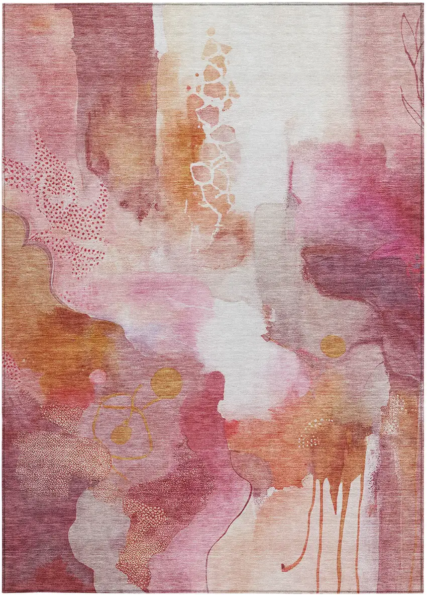 Pink Copper And Ivory Abstract Washable Indoor Outdoor Area Rug Photo 1