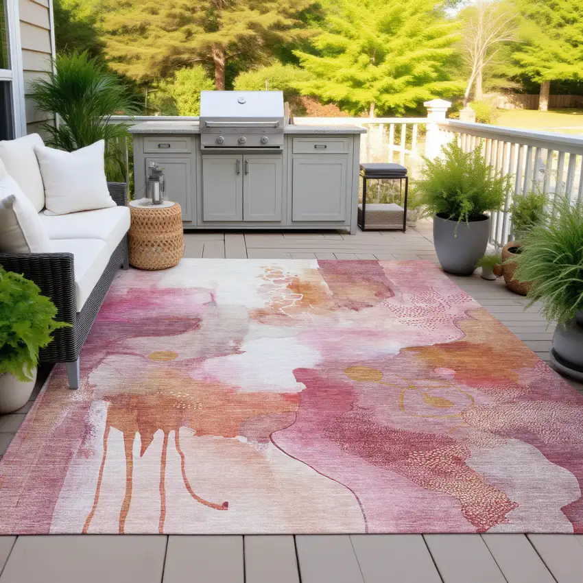Pink Copper And Ivory Abstract Washable Indoor Outdoor Area Rug Photo 4