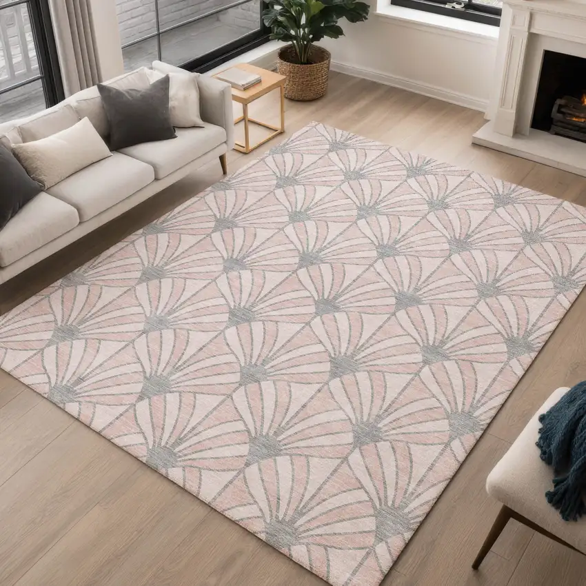 Pink Coral And Gray Seashell Washable Indoor Outdoor Area Rug Photo 5