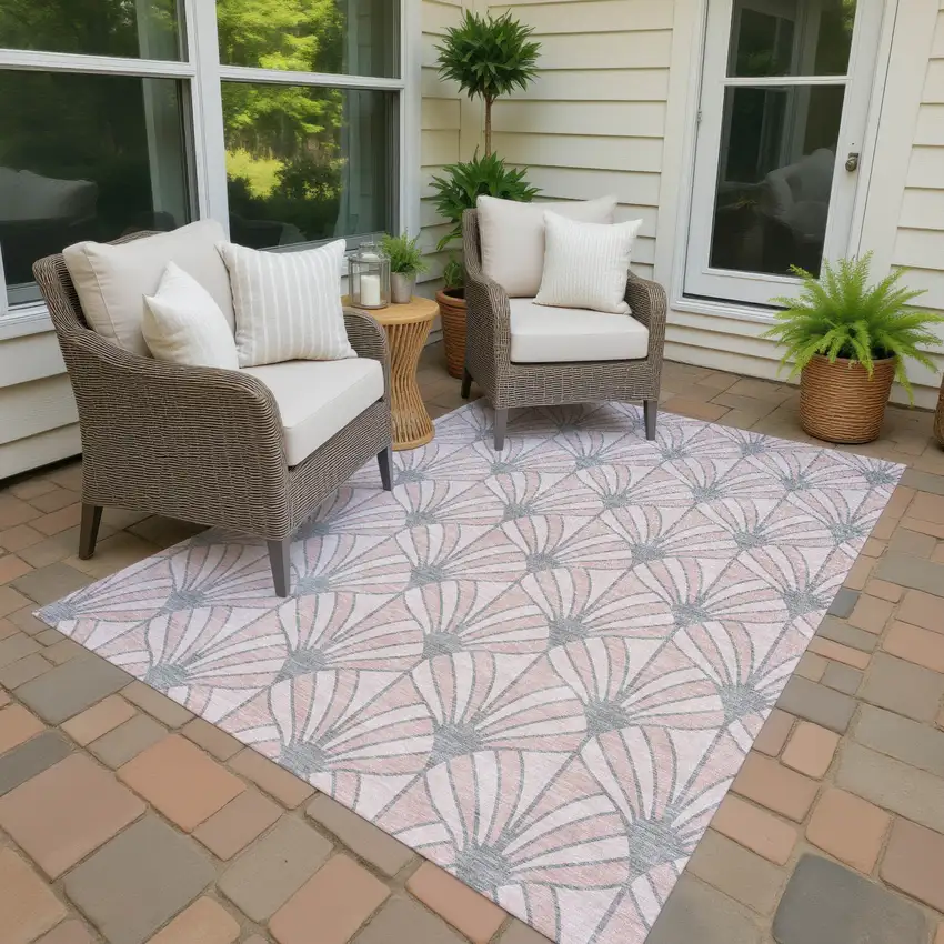 Pink Coral And Gray Seashell Washable Indoor Outdoor Area Rug Photo 4