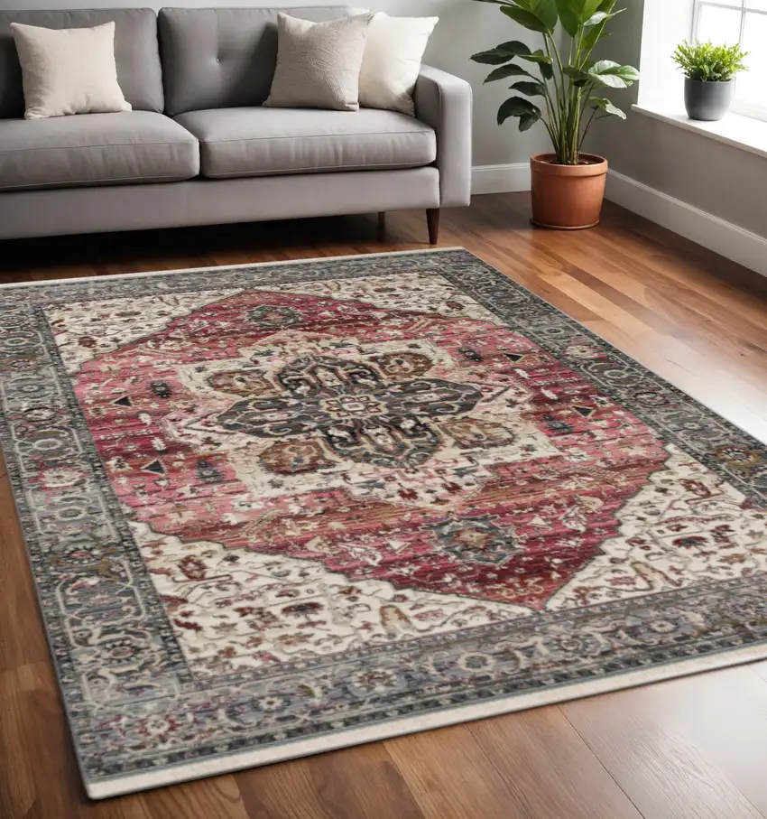Pink Cream And Gray Medallion Area Rug Photo 1