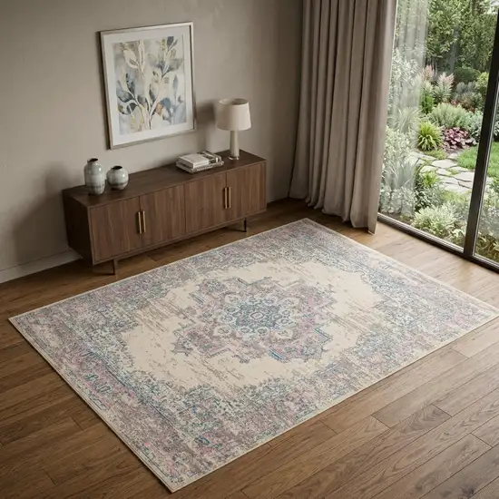 Pink Damask Power Loom Area Rug Photo 1