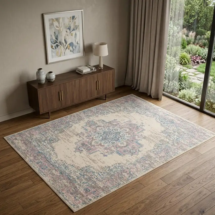 Pink Damask Power Loom Area Rug Photo 1