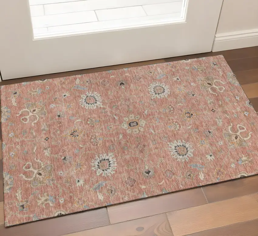 Pink Denim Blue And Silver Floral Washable Area Rug With UV Protection Photo 1