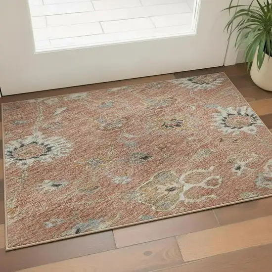 Pink Denim Blue And Silver Floral Washable Area Rug With UV Protection Photo 2