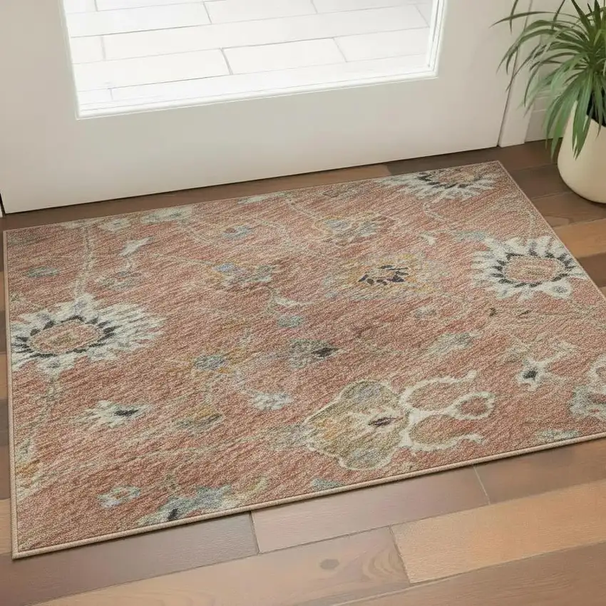 Pink Denim Blue And Silver Floral Washable Area Rug With UV Protection Photo 2