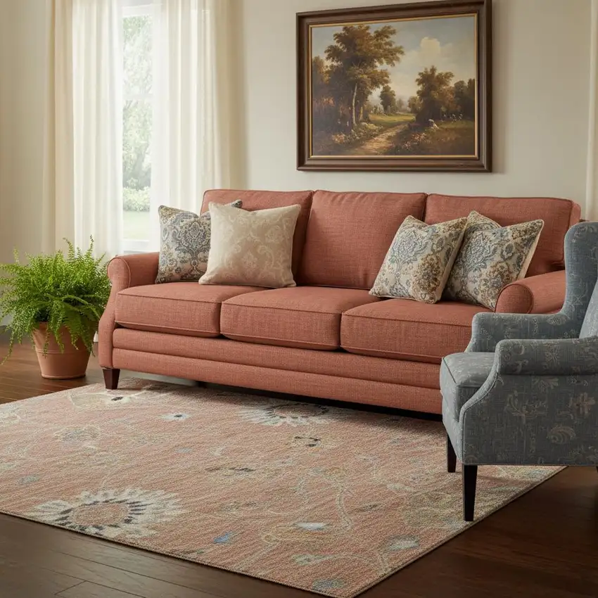 Pink Denim Blue And Silver Floral Washable Area Rug With UV Protection Photo 1