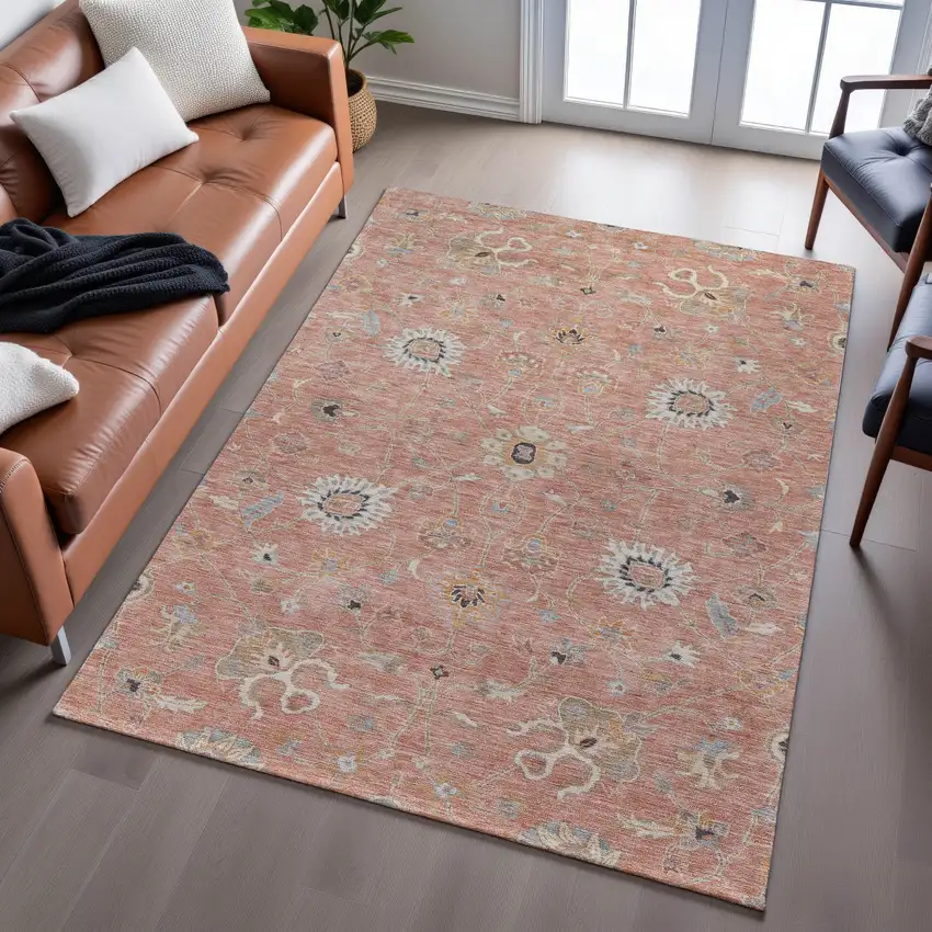 Pink Denim Blue And Silver Floral Washable Area Rug With UV Protection Photo 5