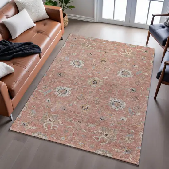 Pink Denim Blue And Silver Floral Washable Area Rug With UV Protection Photo 5