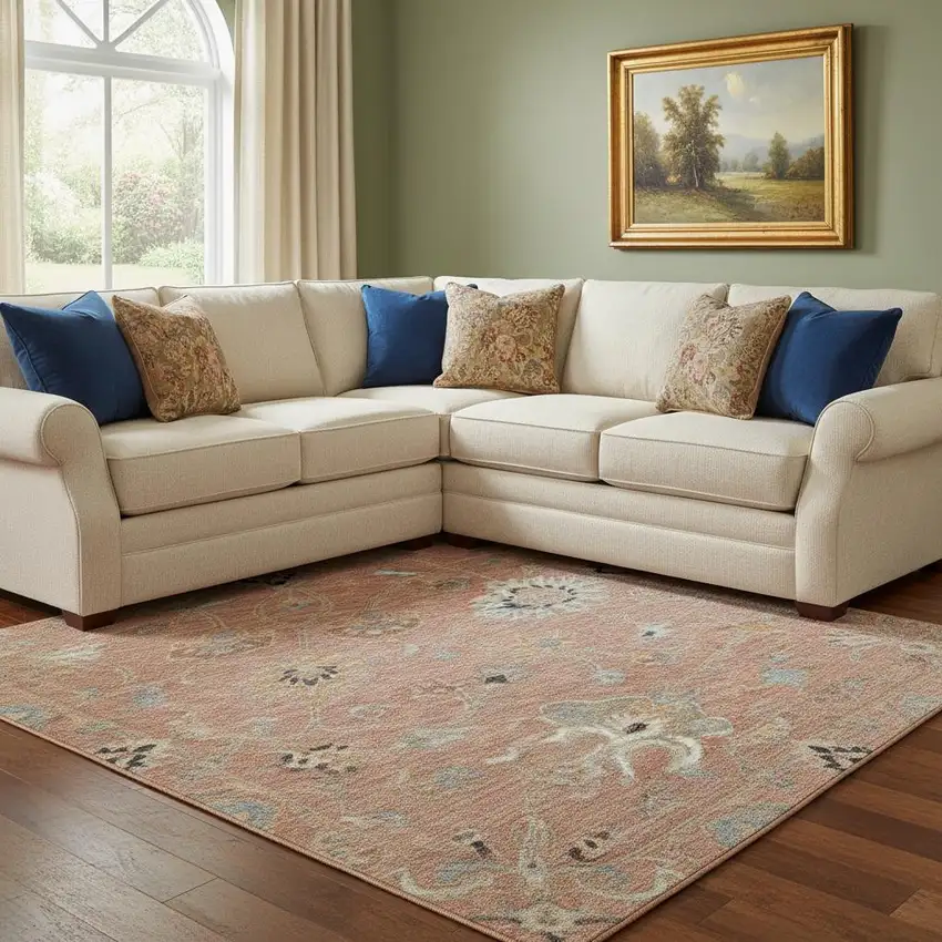 Pink Denim Blue And Silver Floral Washable Area Rug With UV Protection Photo 2