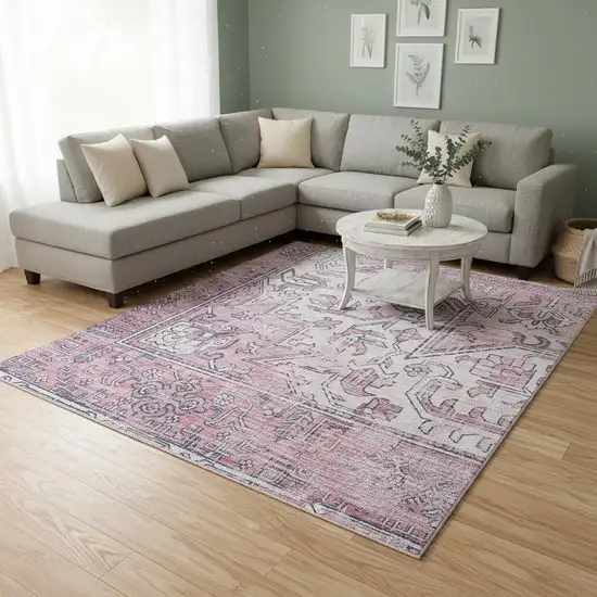 Pink Floral Distressed Area Rug Photo 1