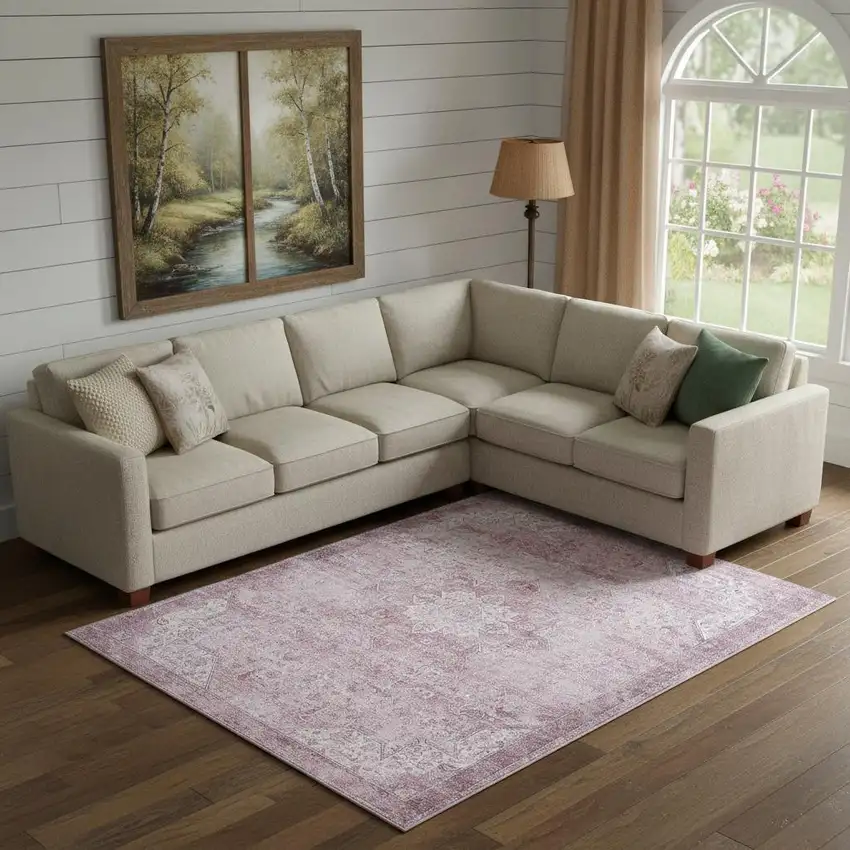 Pink Floral Distressed Area Rug Photo 1