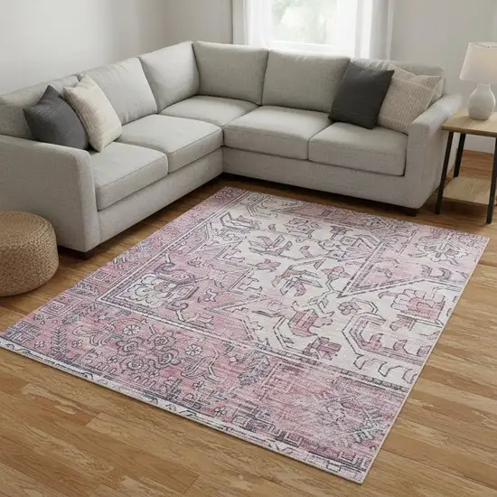 Pink Floral Distressed Area Rug Photo 1
