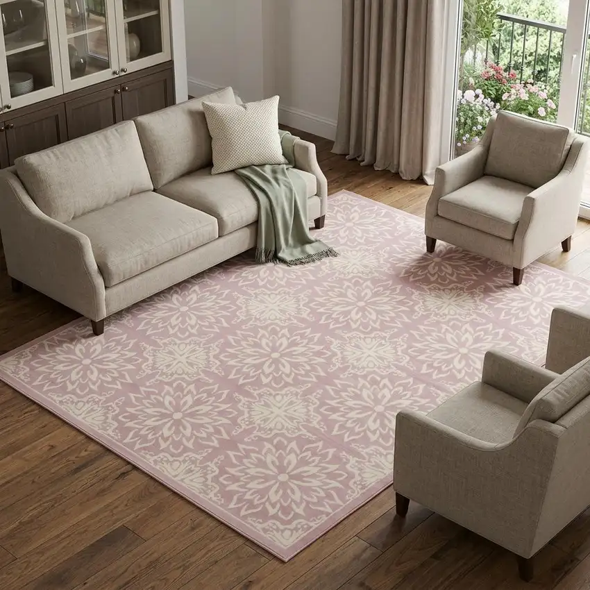 Pink Floral Power Loom Area Rug Photo 1
