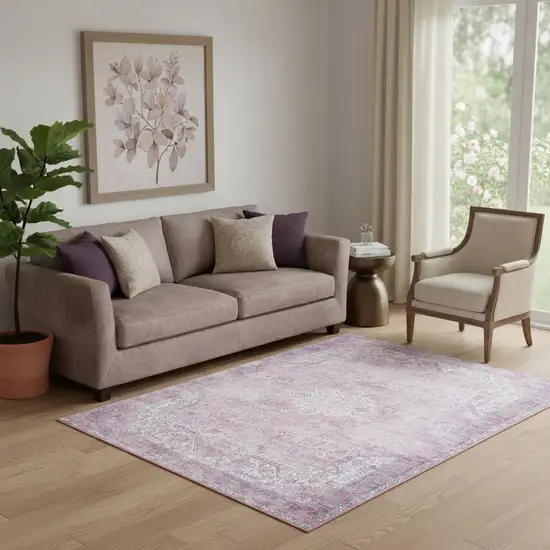 Pink Floral Power Loom Worn Faded Non Skid Area Rug Photo 1