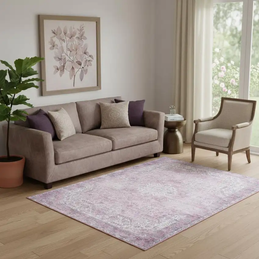 Pink Floral Power Loom Worn Faded Non Skid Area Rug Photo 1