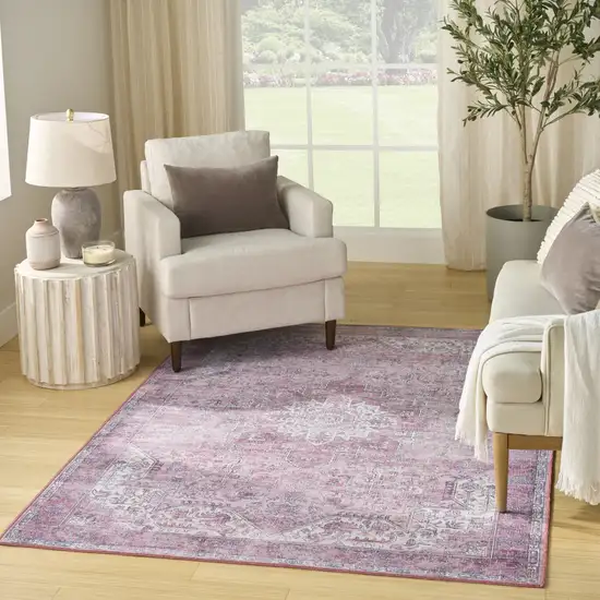 Pink Floral Power Loom Worn Faded Non Skid Area Rug Photo 5