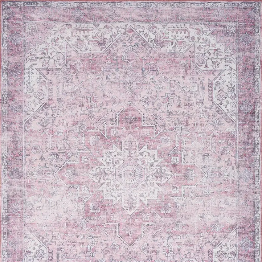 Pink Floral Power Loom Worn Faded Non Skid Area Rug Photo 9