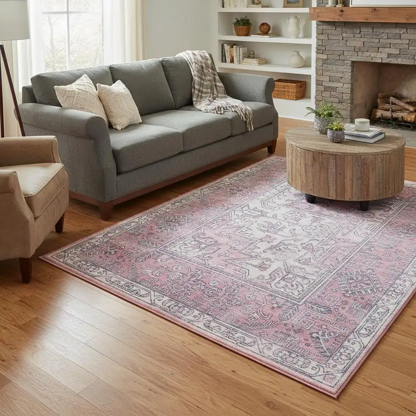 Pink Floral Power Loom Worn Faded Non Skid Area Rug Photo 1