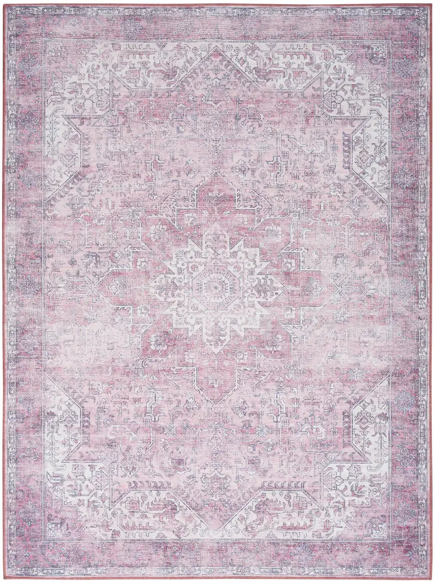 Pink Floral Power Loom Worn Faded Non Skid Area Rug Photo 7