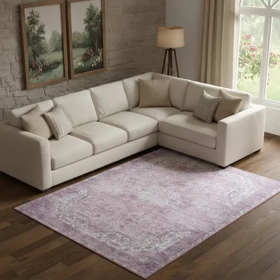 Pink Floral Power Loom Worn Faded Non Skid Area Rug Photo 1