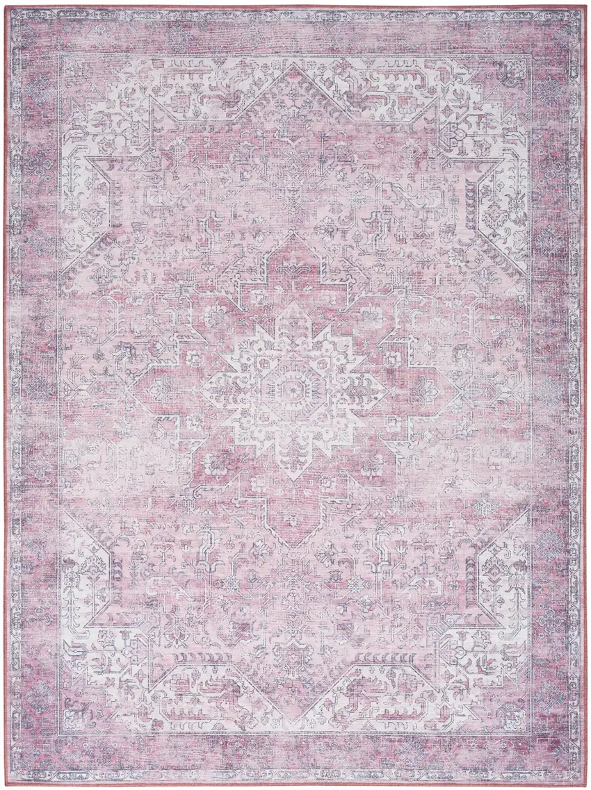 Pink Floral Power Loom Worn Faded Non Skid Area Rug Photo 7