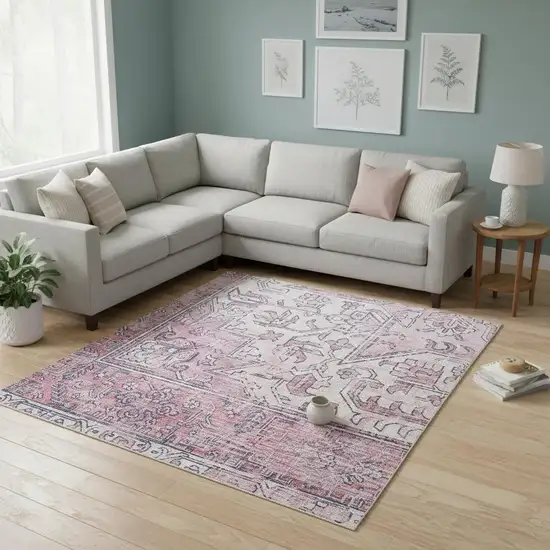 Pink Floral Power Loom Worn Faded Non Skid Area Rug Photo 1