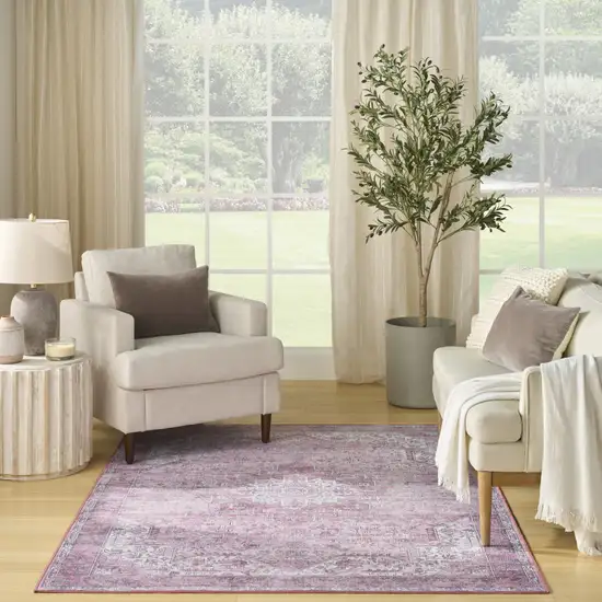 Pink Floral Power Loom Worn Faded Non Skid Area Rug Photo 6