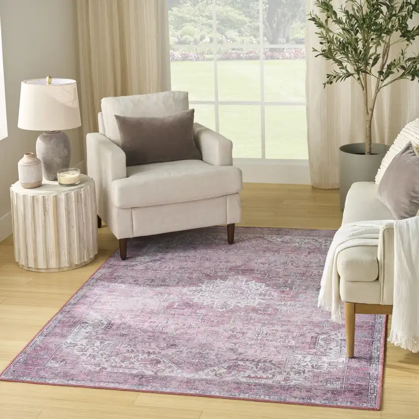 Pink Floral Power Loom Worn Faded Non Skid Area Rug Photo 5