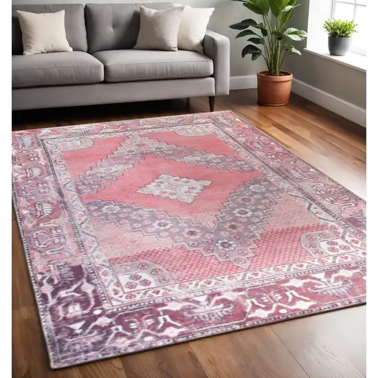 Pink Geometric Power Loom Distressed Stain Resistant Non Skid Area Rug Photo 1