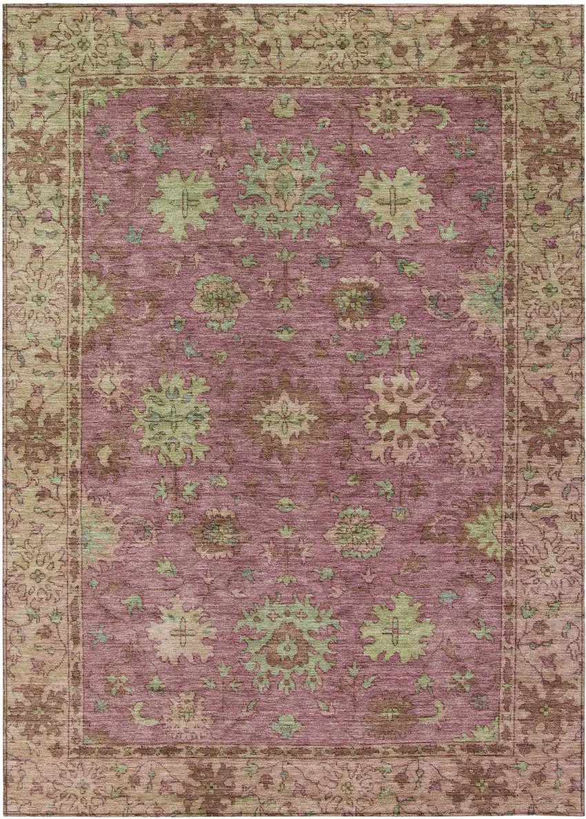 Pink Gold And Beige Floral Washable Indoor Outdoor Area Rug Photo 1