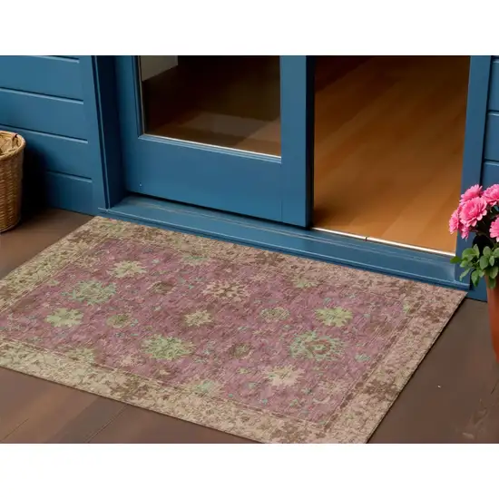 Pink Gold And Beige Floral Washable Indoor Outdoor Area Rug Photo 2