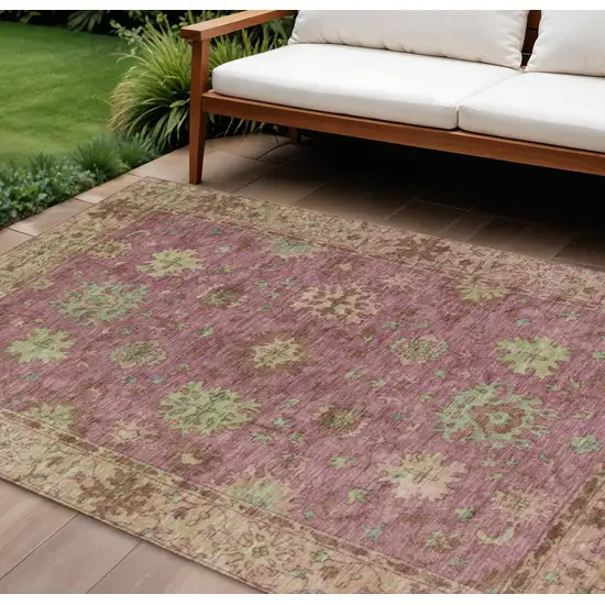 Pink Gold And Beige Floral Washable Indoor Outdoor Area Rug Photo 2