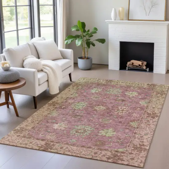 Pink Gold And Beige Floral Washable Indoor Outdoor Area Rug Photo 6