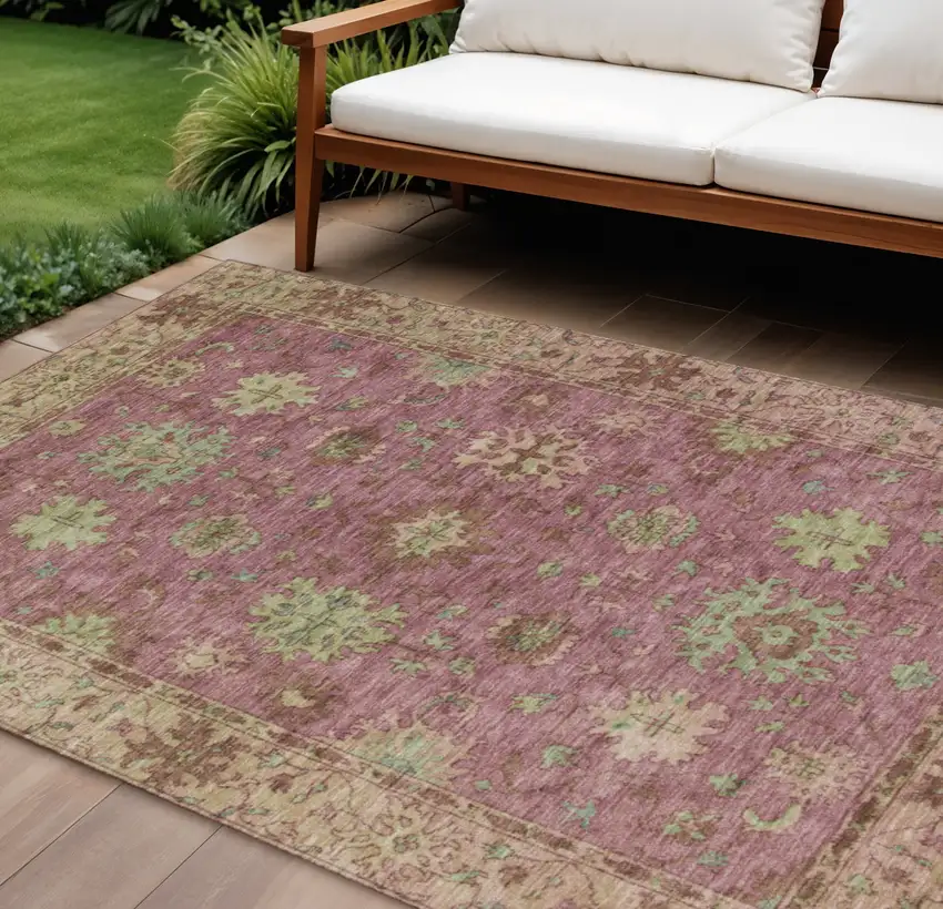Pink Gold And Beige Floral Washable Indoor Outdoor Area Rug Photo 2