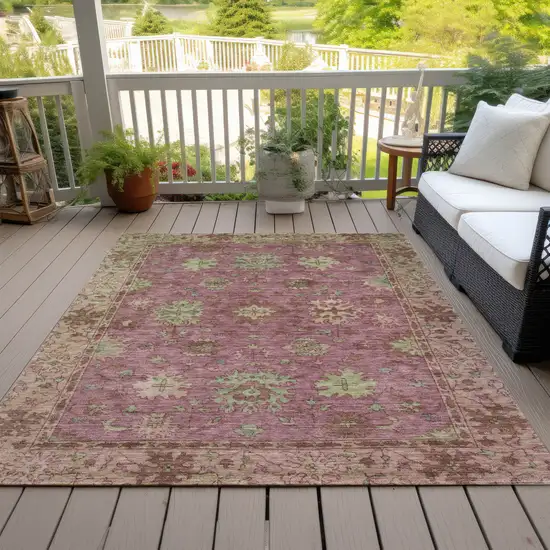 Pink Gold And Beige Floral Washable Indoor Outdoor Area Rug Photo 8