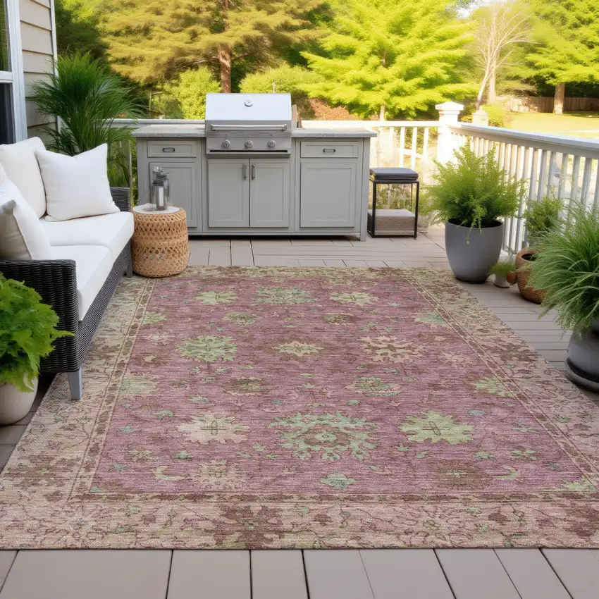 Pink Gold And Beige Floral Washable Indoor Outdoor Area Rug Photo 5