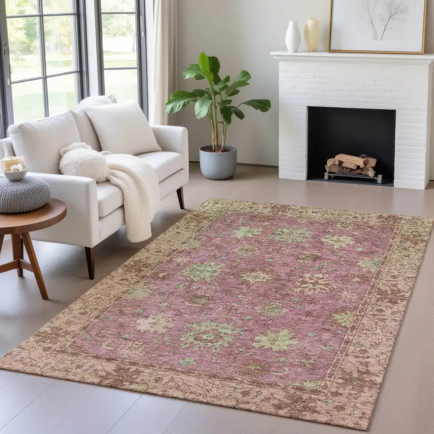Pink Gold And Beige Floral Washable Indoor Outdoor Area Rug Photo 6