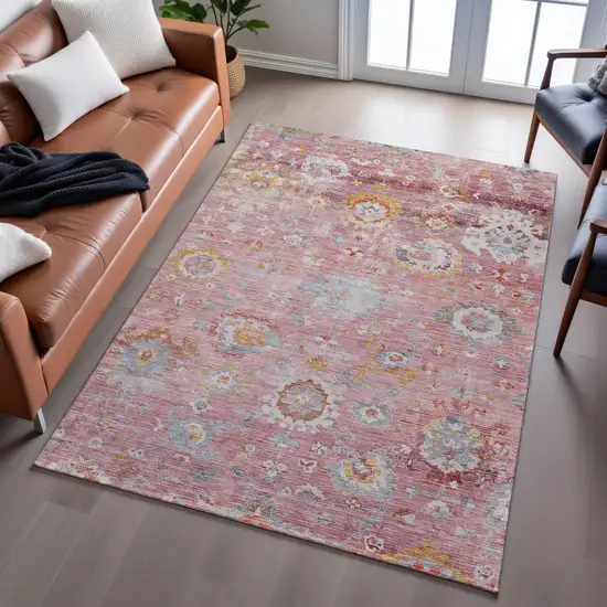 Pink Gold And Blue Floral Washable Area Rug With UV Protection Photo 6