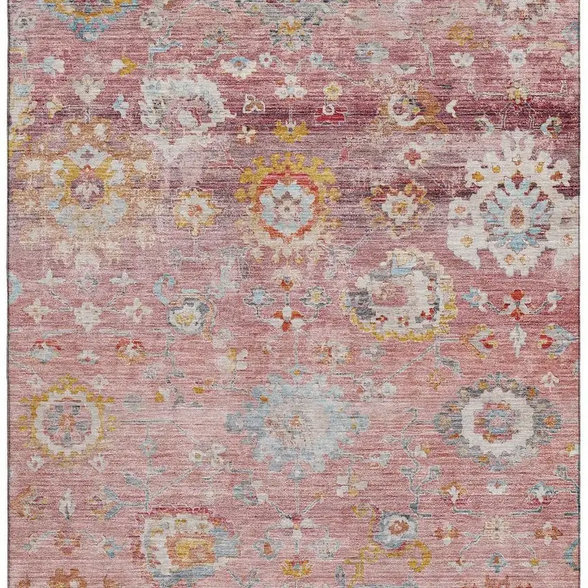 Pink Gold And Blue Floral Washable Area Rug With UV Protection Photo 3