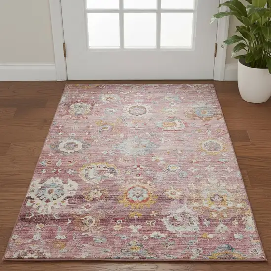 Pink Gold And Blue Floral Washable Area Rug With UV Protection Photo 2