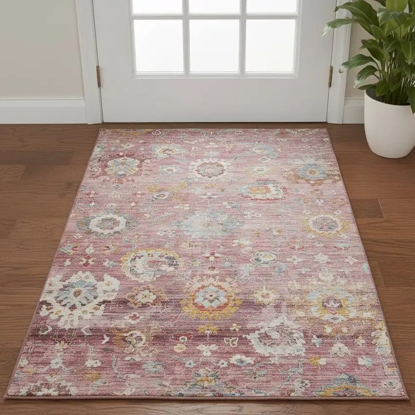 Pink Gold And Blue Floral Washable Area Rug With UV Protection Photo 2