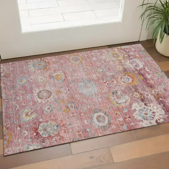 Pink Gold And Blue Floral Washable Area Rug With UV Protection Photo 1