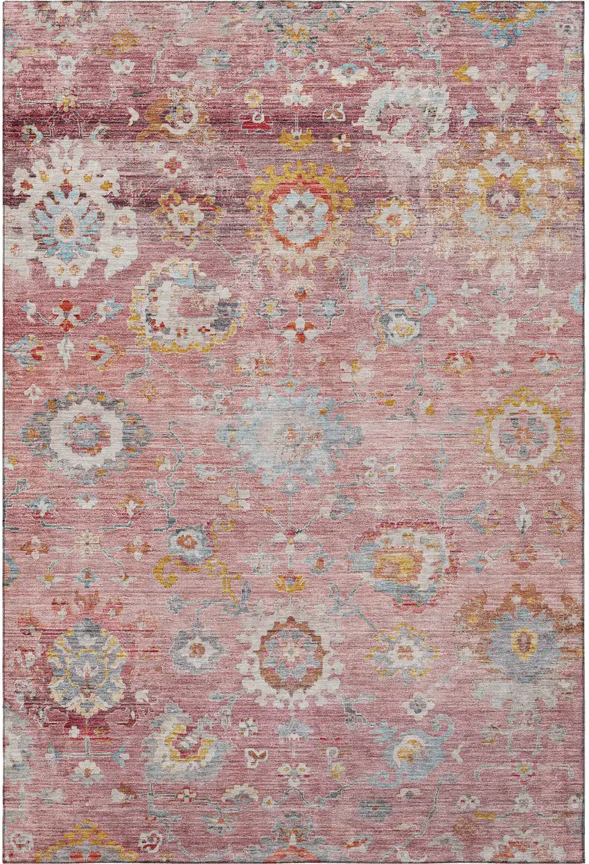 Pink Gold And Blue Floral Washable Area Rug With UV Protection Photo 3