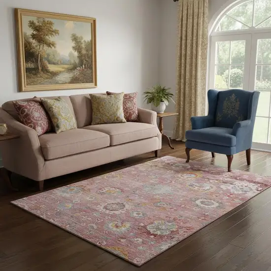 Pink Gold And Blue Floral Washable Area Rug With UV Protection Photo 2