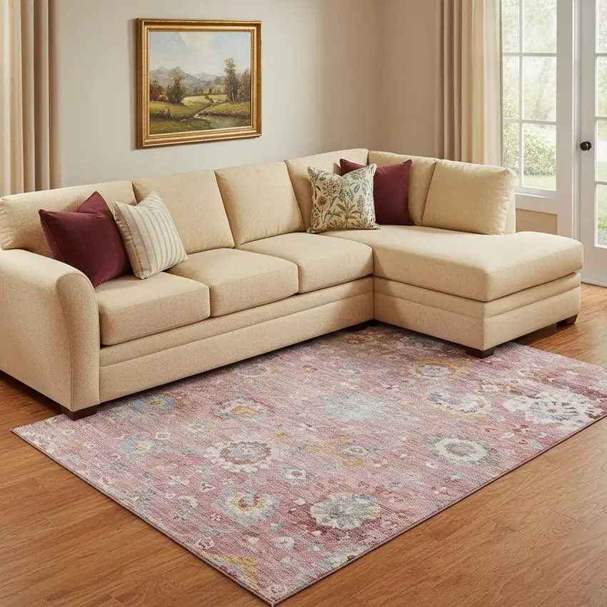 Pink Gold And Blue Floral Washable Area Rug With UV Protection Photo 2