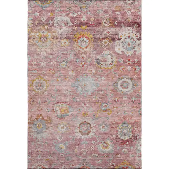Pink Gold And Blue Floral Washable Area Rug With UV Protection Photo 1