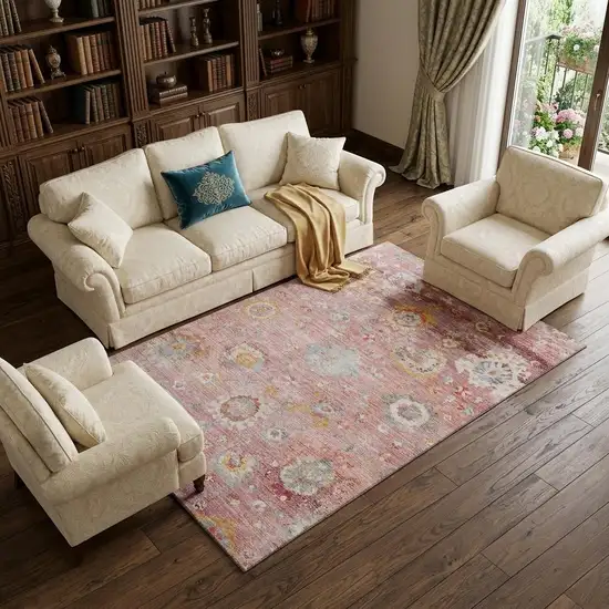 Pink Gold And Blue Floral Washable Area Rug With UV Protection Photo 1