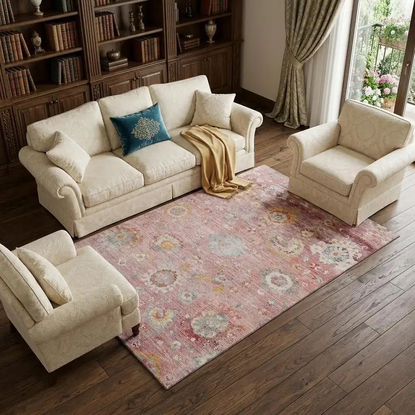 Pink Gold And Blue Floral Washable Area Rug With UV Protection Photo 1