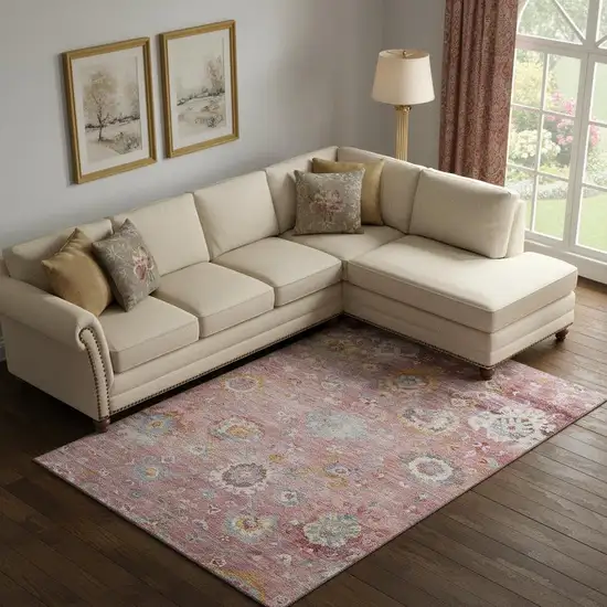 Pink Gold And Blue Floral Washable Area Rug With UV Protection Photo 2